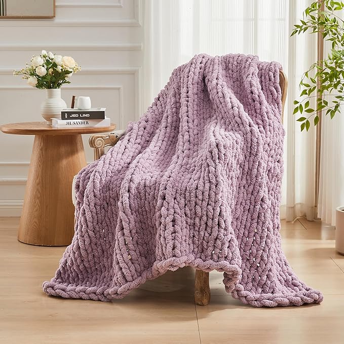 Carriediosa Chunky Knit Throw Blanket 50" X 60", 100% Hand Made Large Chenille Loop Yarn Soft Fluffy Throws for Couch Sofa Bed, Big Crochet Cozy Heavy Thick Cable Woven Blankets, Purple