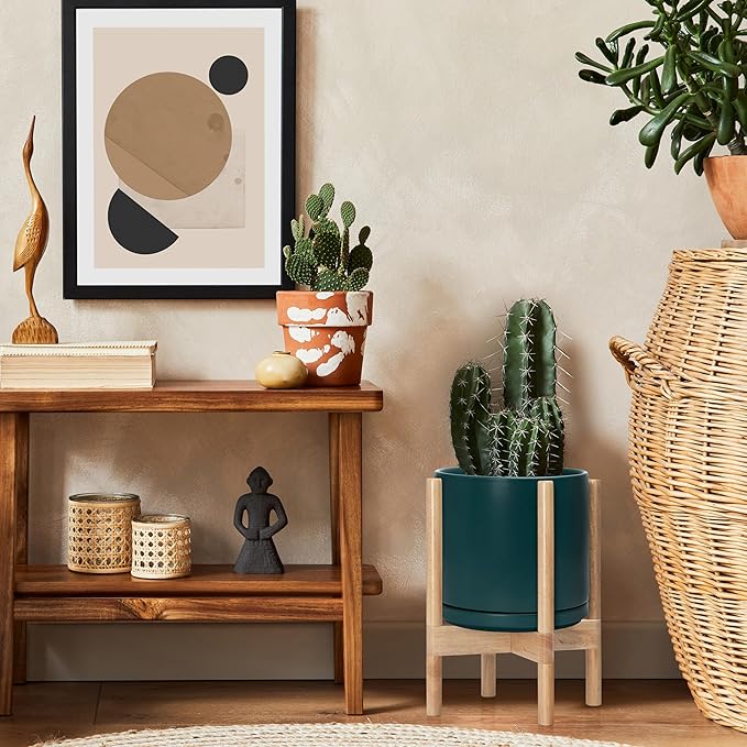 D'vine Dev Ceramic Planter with Natural Stand - 10 Inch Modern Round Flower Pot with Wood Planter Holder, Teal, 55-B-K-4