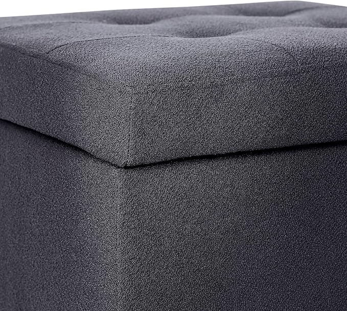 Adeco Fabric Storage Ottoman Bench with Solid Wood Legs, 17.7" Square Dark Grey Cotton Linen Cube Foot Stool, Upholstered Button Tufted Vanity Chair with Hinged Lid for Living Room, Bedroom, Dorm