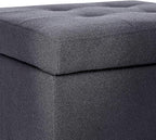 Adeco Fabric Storage Ottoman Bench with Solid Wood Legs, 17.7" Square Dark Grey Cotton Linen Cube Foot Stool, Upholstered Button Tufted Vanity Chair with Hinged Lid for Living Room, Bedroom, Dorm
