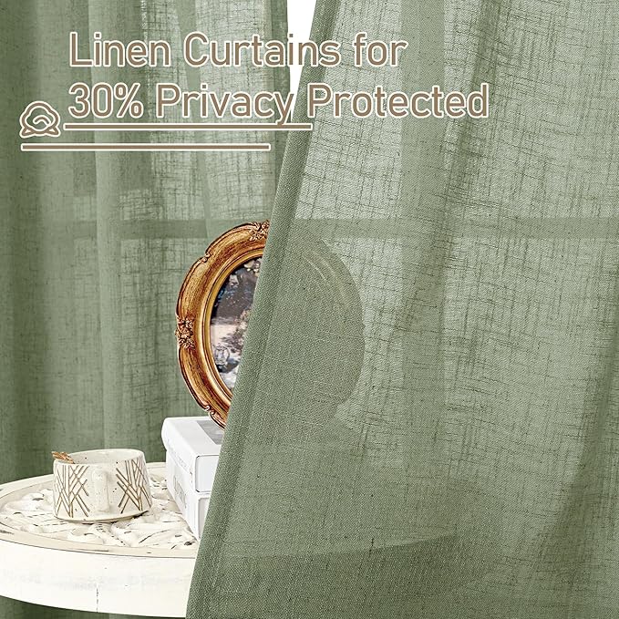 LAMIT Short Linen Window Curtains 30 inches Long 2 Panels, Sage Green Semi Sheer Light Filtering Panels Bronze Grommet Linen Textured Neutral Boho Christmas Drapes for Kitchen/Cafe, 34 x 30 Inch