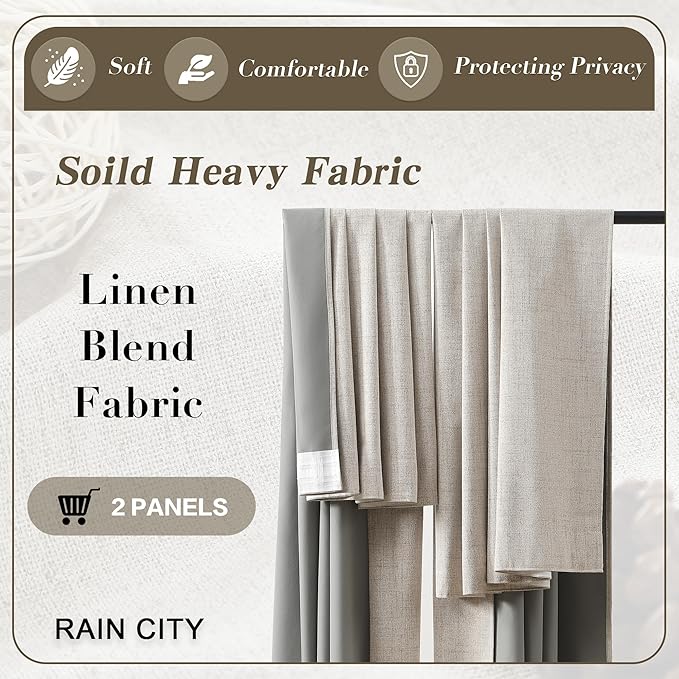RAIN CITY 92 Inch Long Curtains Blackout 2 Panels,Custom Made Modern Neutral Soundproof Elegant Decorative Dark Out Linen Cottage Nursery Draperies for Living Room 50x92-in Linen Beige