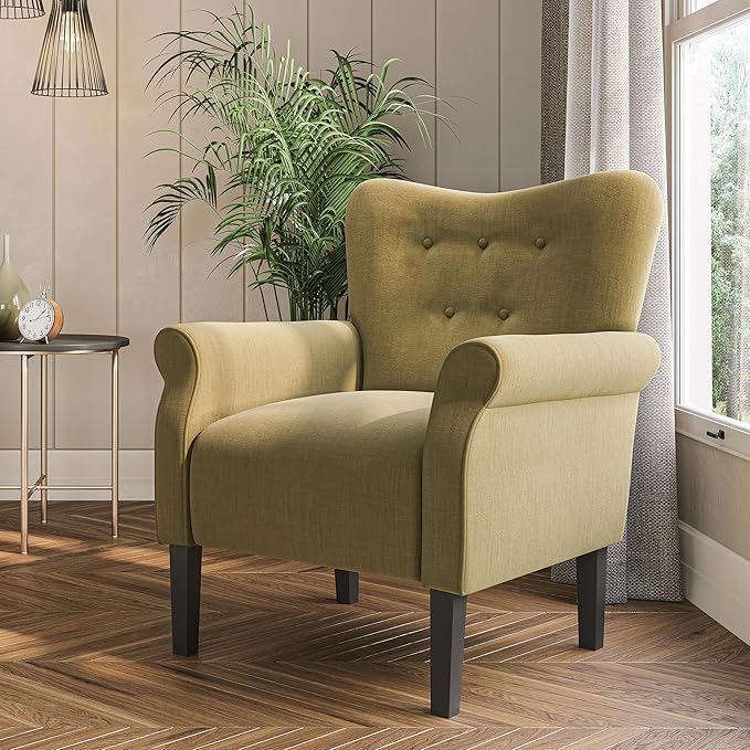 BELLEZE Modern Accent Chair, High Back Armchair, Upholstered Wingback Side Chair, Padded Single Sofa with Wooden Legs for Living Room, Bedroom - Avocado