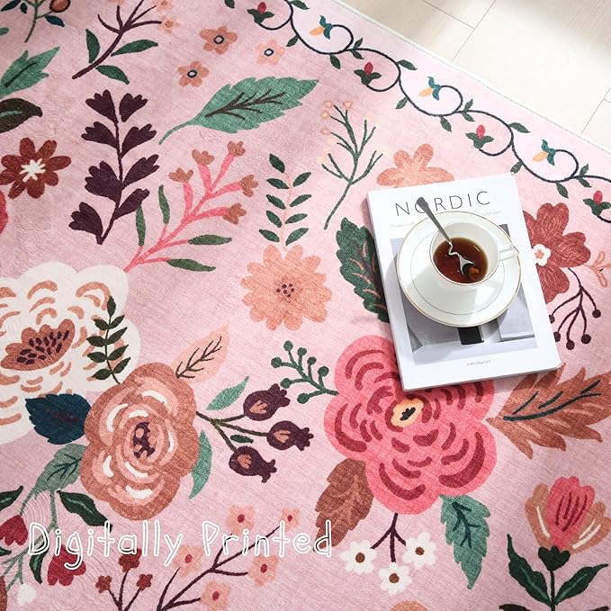 Bedroom Rug 3x5 Rug Washable Area Rug Non Slip Low Pile Boho Floral Small Carpet for Bedroom, Bedside, Kitchen, Entryway, Kids Room, Office, College Dorm Essentials for Girls(Pink)