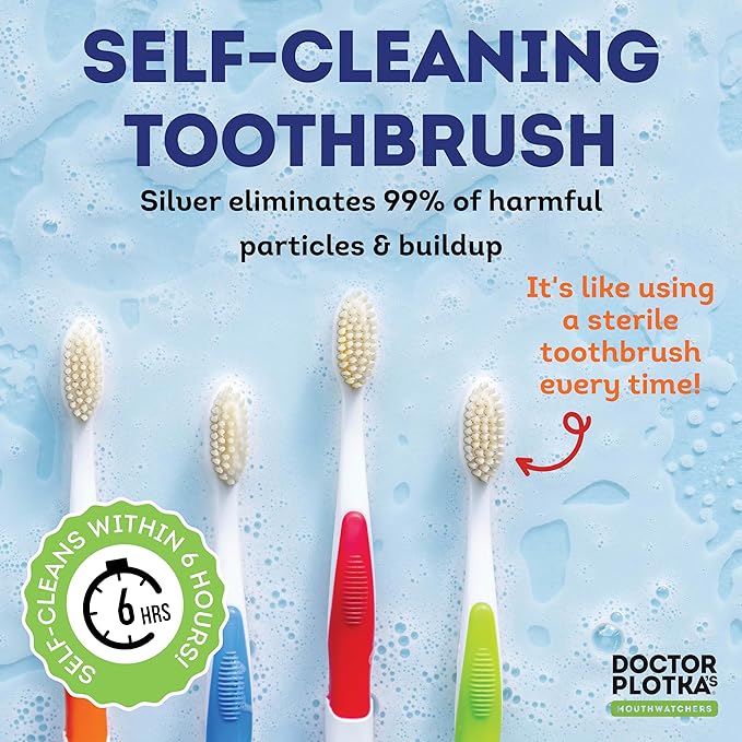 MOUTHWATCHERS Soft Flossing Toothbrushes, Value Pack of 4, Red, Manual Toothbrush for Adults, Ultra Clean, Good for Sensitive Teeth and Gums, by Dr. Plotka's