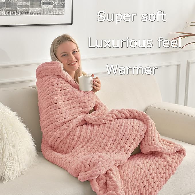 Maetoow Tighter Version Chenille Chunky Knit Blanket Throw 40×50 Inch, Handmade Warm & Cozy Blanket Couch, Bed, Home Decor, Soft Fleece Banket, Boho Thick Blankets and Giant Yarn Throws，Rose Pink