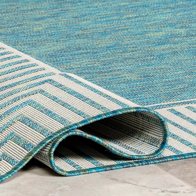 nuLOOM 4' x 6' Outdoor Area Rug, Casual Design With Striped Border, Stain Resistant, Highly Durable, For Patio, Balcony, Bedroom, Living Room, Dining Room, Bathroom, Teal