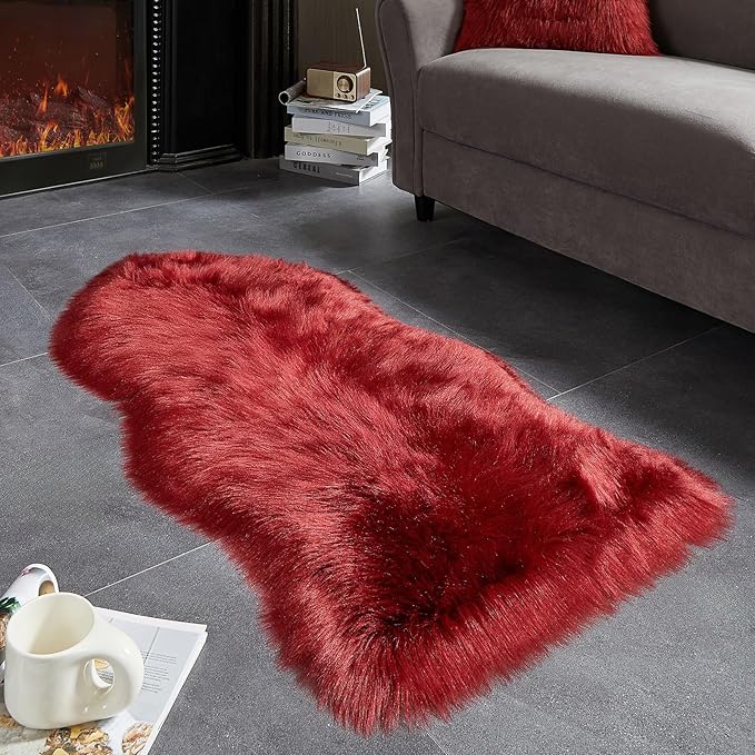 AMTOVO Faux Fur Rug, Burgundy Area Rug, Fluffy Sheepskin Rug, Fuzzy Ultra Soft 2 x 4 ft Shag Rugs for Bedroom Sofa Throw Cushion Room Decor, Sheepskin