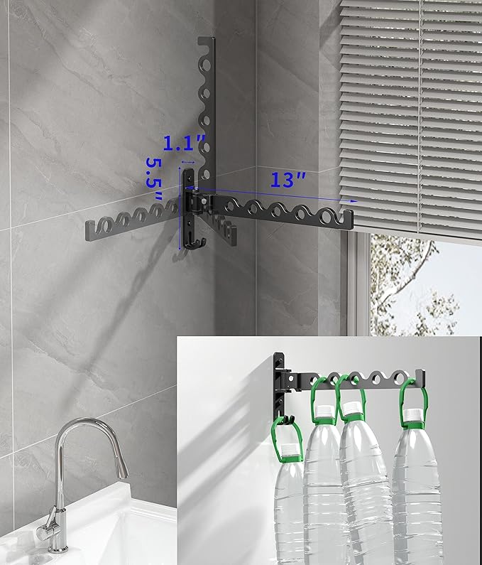 Dr.DJ Wall Hanger for Clothes, Coat Hanger Mounted Matte Black Retractable Clothes Drying Organizer Rack Garment Hooks Aluminium Folding Indoor Space Saver (2 Racks) Black