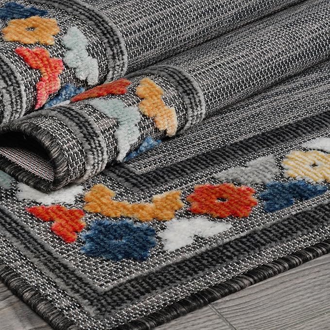 Beverly Rug Outdoor Rug 4x6 Modern Bordered Area Rugs for Indoor and Outdoor Patio Easy to Clean Non Shedding Living Room Porch Garden Washable Outside Carpet (4 x 6 Dark Gray)