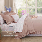 Queen Comforter Set - 7 Pieces Ruffle Pink Bedding Sets, Shabby Chic Farmhouse Bed in a Bag Queen with Ruffle Comforter, Floral Sheets, Pillowcases & Shams