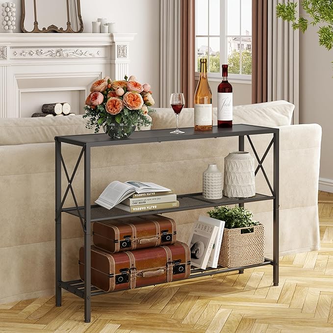 Hoctieon Industrial Console Table, 3 Tier Entryway Table, Hallway Table, Narrow Sofa Table with Shelves, Entrance Table for Entryway, Living Room, Foyer, Hallway, Office, Black