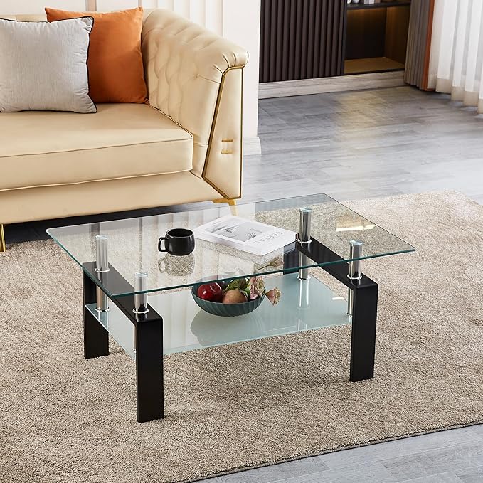 Glass Coffee Table for Living Room, 2 Layer Center Table with Clear Rectangle Tempered Glass Top Black Metal Leg, Mordern Home Office Furniture