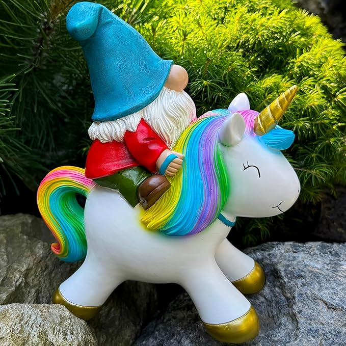 Mood Lab Garden Gnome Statue - Garden Gnome Riding Unicorn - 8.3 Inch Tall Lawn Figurine - for Outdoor or House Decor - Funny Yard & Patio Decoration