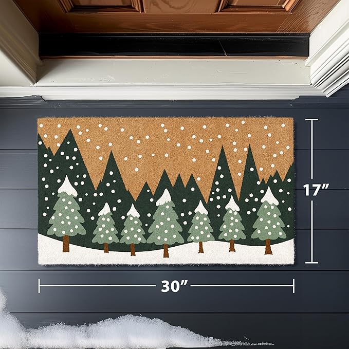 Barnyard Designs Natural Coco Coir Christmas Doormat - Large Cute Non-Slip Heavy Duty Backing Door Mat for Outside Entrance or Porch Entry, Brown (17x30, Winter Snow Forest)