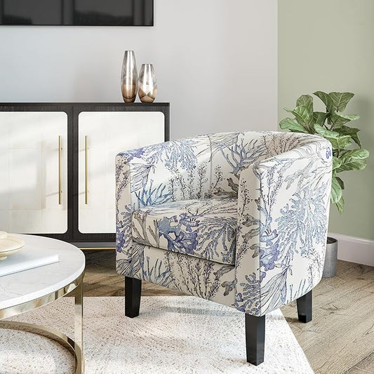 BELLEZE Living Room Chair, Linen Round Accent Barrel Chair, Club Tub Sofa Chair for Bedroom, Corner Chair with Flared Legs and Cozy Soft Padding - Highland (Blue Coral)