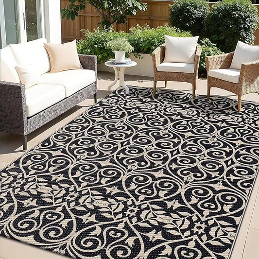 OLANLY Outdoor Rug Waterproof 5x8 ft Clearance, Reversible Outdoor Plastic Straw Rug with Floral Pattern, RV Mat for Patio, Camping, Balcony, Deck, Backyard, Black & Beige
