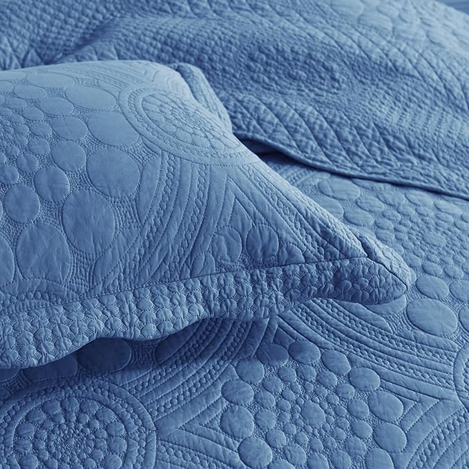 MarCielo 3-Piece 100% Cotton Oversized Bedspread Lightweight Quilt Coverlet Embroidery Farmhouse Bedding Set (Tf Midtone Blue, Oversized King (118"x106"))