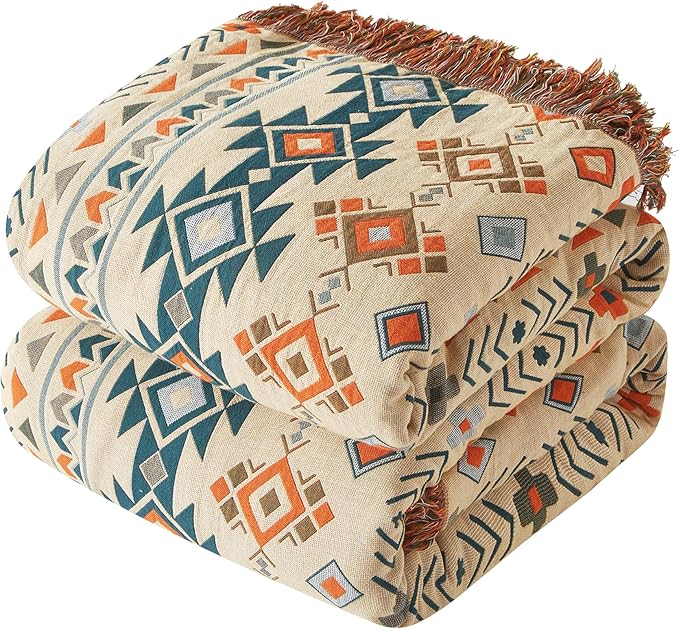 Boho Throw Blanket for Couch Sofa Bed, 100% Cotton Woven Quilt with Tassel 60”x80”, Super Soft Muslin Blanket with Patchwork Printed, Decorative Reversible Bed Blanket/Cover for All Seasons