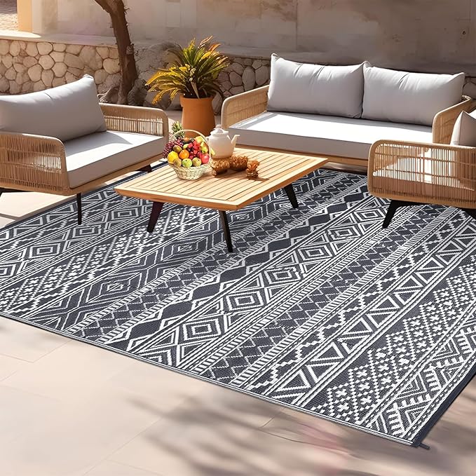 GAOMON Outdoor Rug 9'x12' Waterproof Rug for Patio Decor, Foldable Reversible Plastic Straw Area Rugs Mat for Camper, Outside Carpet for Deck, Porch, Picnic, Beach, Grey/White(Bohemia)