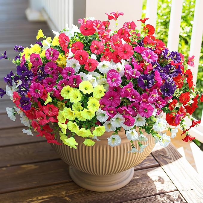 Artificial Flowers for Outdoors Fake Plants Outside Decoration, 12 Bundles Silk Colorful Morning Glory with Eucalyptus UV Resistant Realistic Faux Flowers for Planter Porch Patio Yard Garden