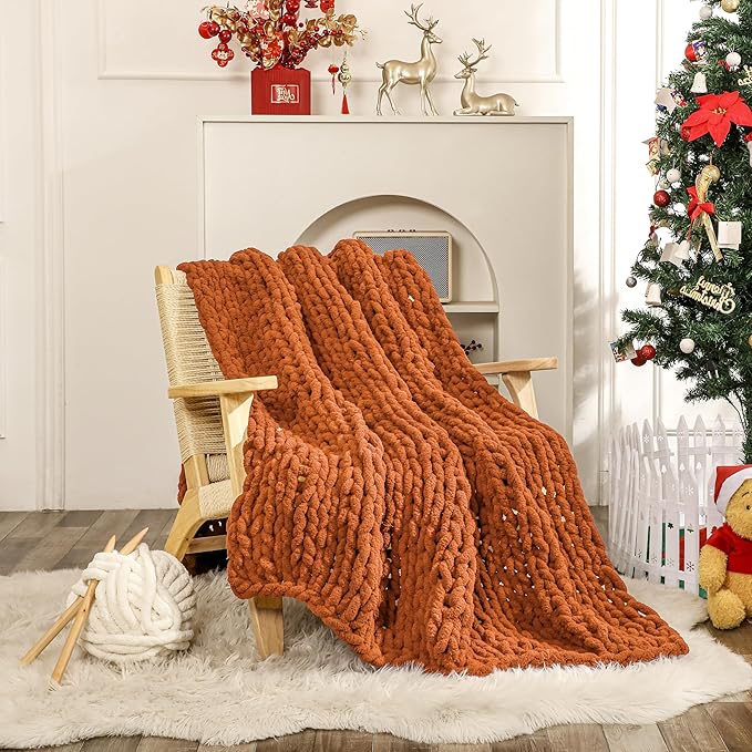WESHIONGOO Chunky Knit Blanket Throw 50"×60" Knitted Throw Blankets for Couch Bed Fall Throw Blanket Fluffy Soft Blanket with Jumbo Chenille Yarn Thick 100% Handmade (Burnt Orange)