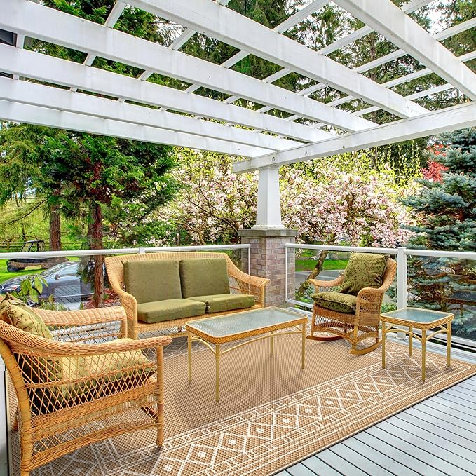 GENIMO Outdoor Rug 5'x8' Waterproof for Patio Decor, Reversible Outdoor Plastic Straw Rug Carpet, Camping Mats for Outdoor, RV, Backyard, Deck, Balcony, Picnic, Brown & Beige