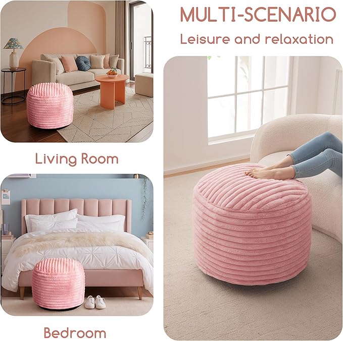 HIGOGOGO Round Stuffed Pouf Ottoman, Stripe Faux Fur Poufs with Foam Chunk Filling, Furry and Fluffy Pouf Foot Stool Storage Ottoman, 20 X 15 Floor Poufs Foot Rest for Living Room, Pink