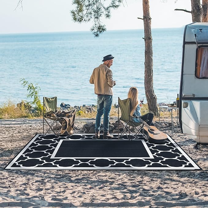 GENIMO 6' x 9' Outdoor Rug Waterproof for Patio Decor, Foldable Reversible Plastic Straw Area Rugs Mat for Camper, Morden Carpet for Outside, Rv, Deck, Porch, Picnic, Beach, Balcony, Black & White