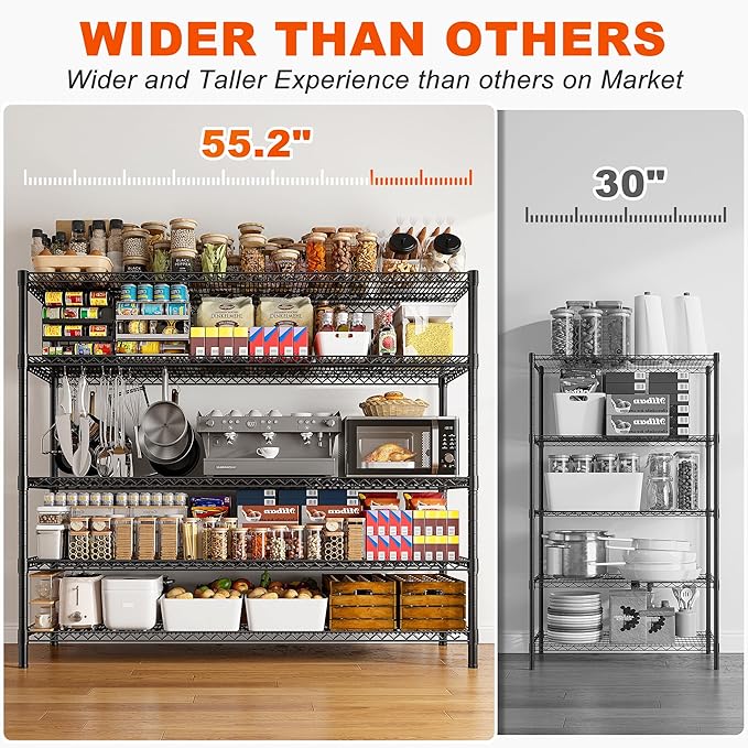 REIBII 85.7" H Storage Shelves 2998LBS Metal Shelving Unit with Wheels & Feet, 5 Tier Garage Shelving Heavy Duty Adjustable Wire Shelf for Pantry Kitchen Garage, 85.7" H X 55.5" W X 24.2" D, 2PCS