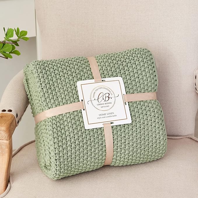 Chunky Cable Knit Throw Blanket Lightweight Light Green 100% Organic Cotton Blanket for Sofa Couch Bed Baby Nursery, Rustic Shabby Chic Modern Farmhouse, 60” x 80” Bonus Laundering Bag