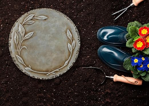NAT & Jules Floral Laurel Wreath Leaves Pattern Dimensional Indoor Outdoor 12 inch Round Cast Resin Decorative Garden Stepping Stone, Patio, Walkway Sculpture Yard Art, Grey