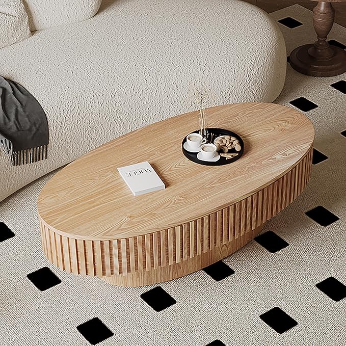 47.2''Oval Coffee Table with Storage, Mid Century Modern Drum Center Tables with Lid Fluted Solid Wood Side Coffee Table Pedestal Tea Table for Living Room, Bedroom, Apartmen-Natural