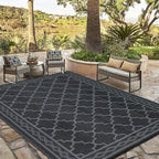 GAOMON Outdoor Plastic Straw Rug, 10'x14' Reversible Sage Green Patio Mat, Flower Modern Design for RV, Backyard, Deck, Camping, Picnic, Black/Grey(Geometric)