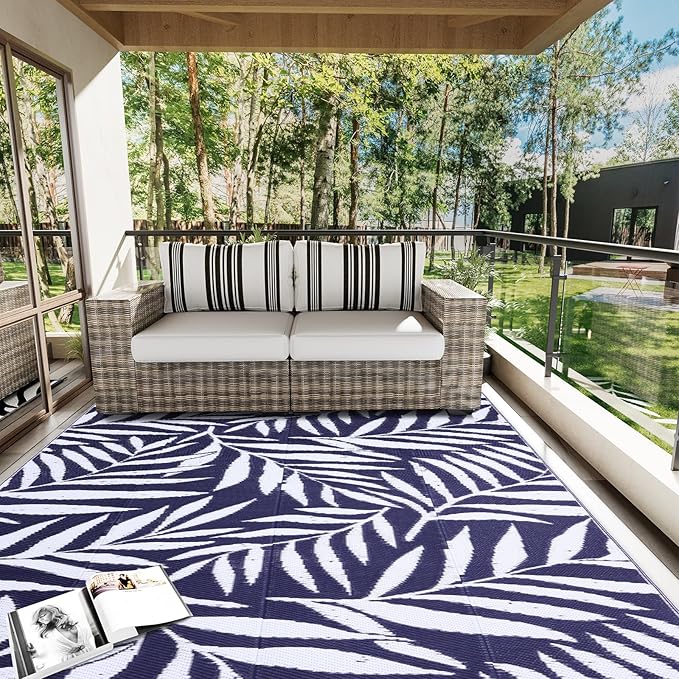 OLANLY Waterproof Outdoor Rug 8x10 ft, Reversible Outdoor Plastic Straw Rug with Leaf Pattern, RV Mat, Indoor Outdoor Carpet for Patio, Camping, Balcony, Deck, Backyard, Navy & White
