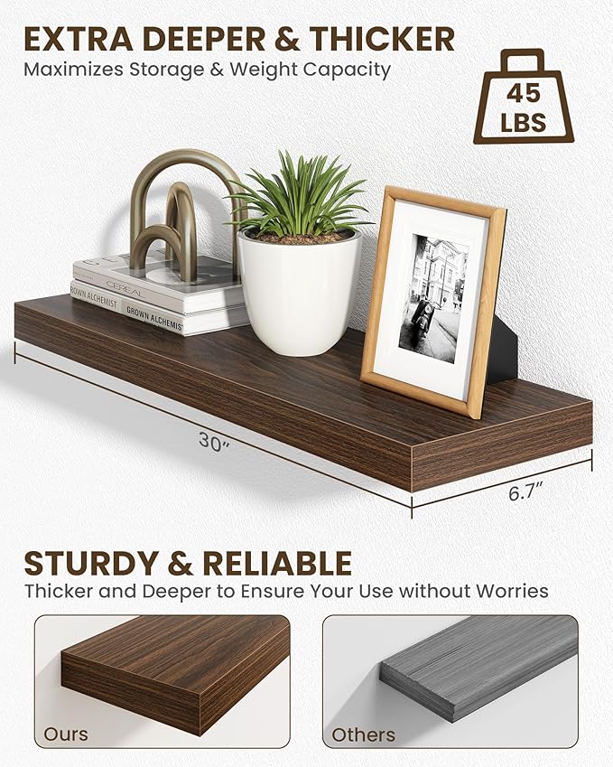 Marsmiles 30" Floating Shelves for Wall, Wooden Shelves with Invisible Brackets Set of 2, Rustic Farmhouse Wall Mounted Shelf for Kitchen Bathroom Living Room Study, Walnut