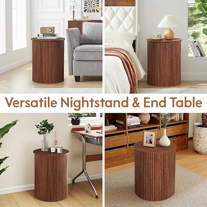 AVZEAR Small Round Side Table Fluted Night Stand Set of 2, 17.7" Mid Century Modern End Table, Circle Bedside Tables Wood Nightstands for Small Spaces, Living Room, Bedroom (Rustic Walnut)