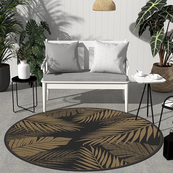 GENIMO Outdoor Rug 8' Round Waterproof for Patios Clearance, Reversible Outdoor Plastic Straw Camping Rug Carpet, Large Area Rugs Mats for RV, Camper, Deck, Balcony, Porch, Beach, Picnic, Black&Brown