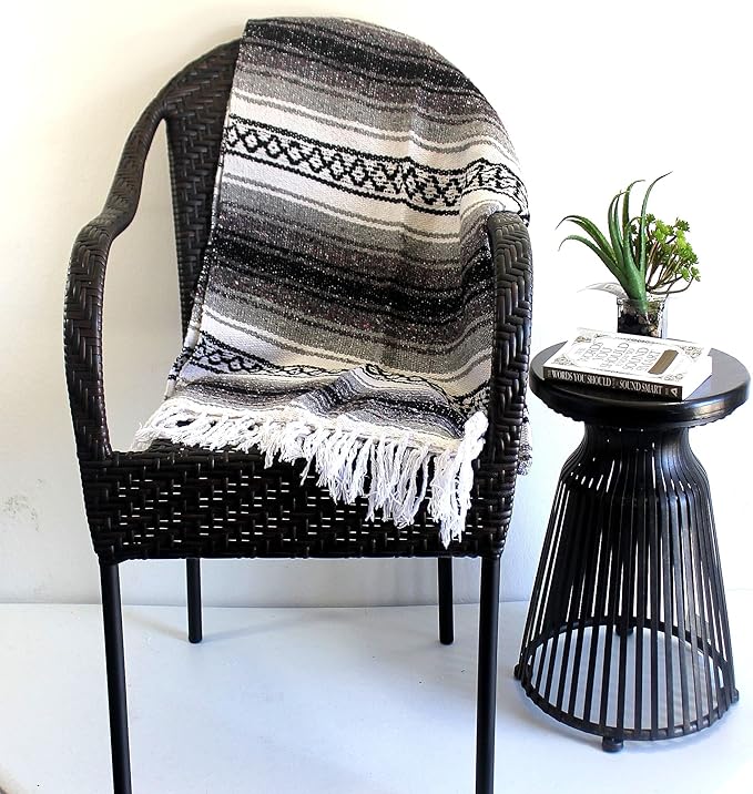 Del Mex Classic Mexican Blanket, Large Authentic Woven Falsa Throw (70"x50"), Artisan Southwest Décor for Beach, Yoga, Outdoors (Gray)