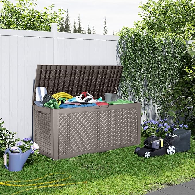 100 Gallon Deck Box Large Outdoor Storage for Patio Furniture,Outdoor Cushions,Garden Tools and Pool Supplies,Waterproof,Resin,Lockable(Grey Lozenge)