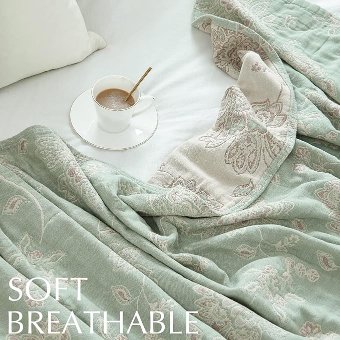 jinchan Boho 100% Cotton Muslin Twin Size 50x60 Inches Blanket Lightweight 4-Layer Quilted Soft Green and Beige Floral Throw Blanket Reversible Comfy Flower Breathable All Seasons Couch Bedroom Decor