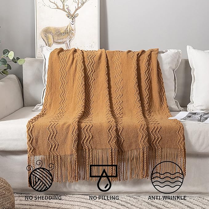 MIULEE Knitted Brown Throw Blanket for Couch,Boho Bed Decor Knit Outdoor Blankets Throw Size with Tassels Cozy Woven for Sofa Home Chair Wave Pattern 50" x 60" Inches