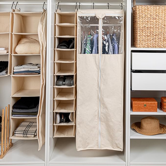 Household Essentials Cedarline 6-Shelf Hanging Closet Organizer, Heavy-Duty Cotton Canvas, Breathable, Versatile, Compact, Perfect for Rod or Wire Closets, Natural