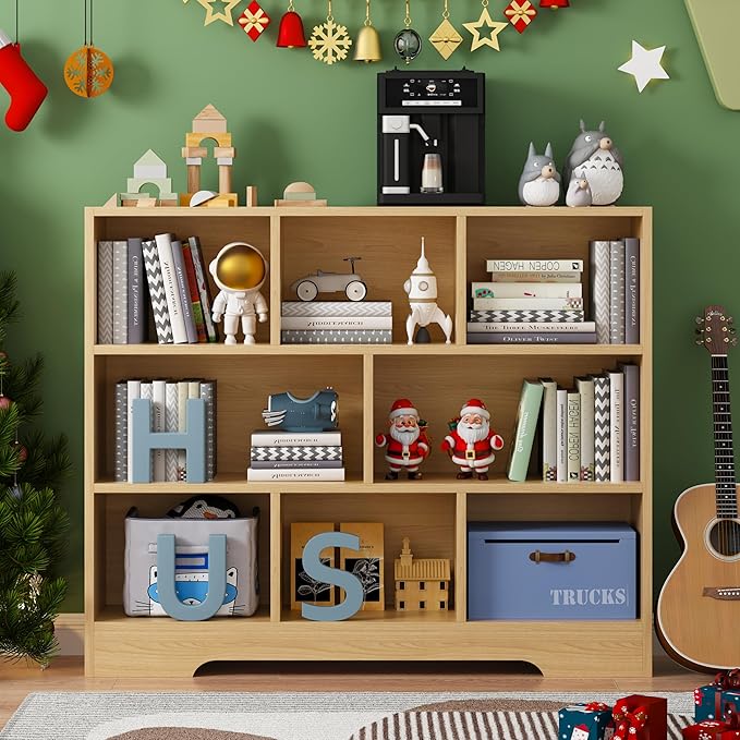 Book Shelf, 8 Cubes Storage Organizer, 3-Tier Open Shelf Wooden Bookcase, Freestanding Log Bookshelf Cube Shelf for Bedroom, Living Room, Home Office