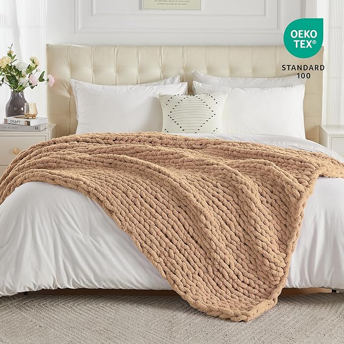 Carriediosa Chunky Knit Throw Blanket 50" X 60", 100% Hand Made Large Chenille Loop Yarn Soft Fluffy Throws for Couch Sofa Bed, Big Crochet Cozy Heavy Thick Cable Woven Blankets, Tan Brown