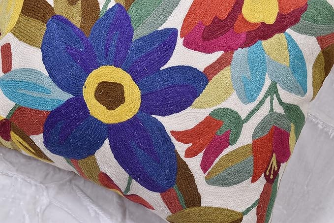 Cream Floral Pillow Cover Blue Flower Pillowcase Boho Cushion Florals Accent Throw Pillowsham Wool Hand Embroidered Size 18x18