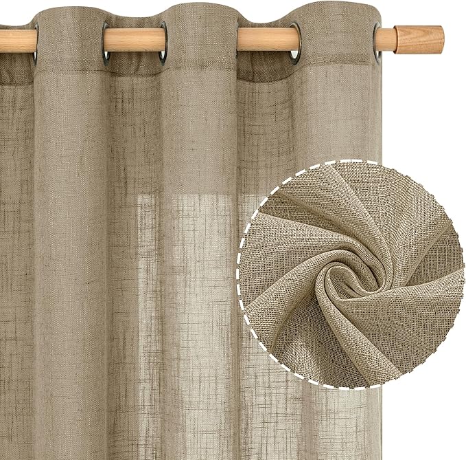 LAMIT Semi Sheer Linen Curtains 45 Inches Long, Light Filtering Panels Bronze Grommet Country Decor Drapes for Bedroom/Window/Farmhouse, Taupe, 2 Panels, 52 x 45 Inch