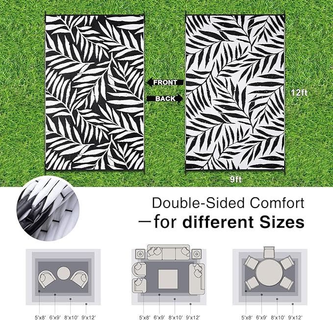 OLANLY Waterproof Outdoor Rug 9x12 ft, Reversible Outdoor Plastic Straw Rug with Leaf Pattern, RV Mat, Indoor Outdoor Carpet for Patio, Camping, Balcony, Deck, Backyard, Black & White