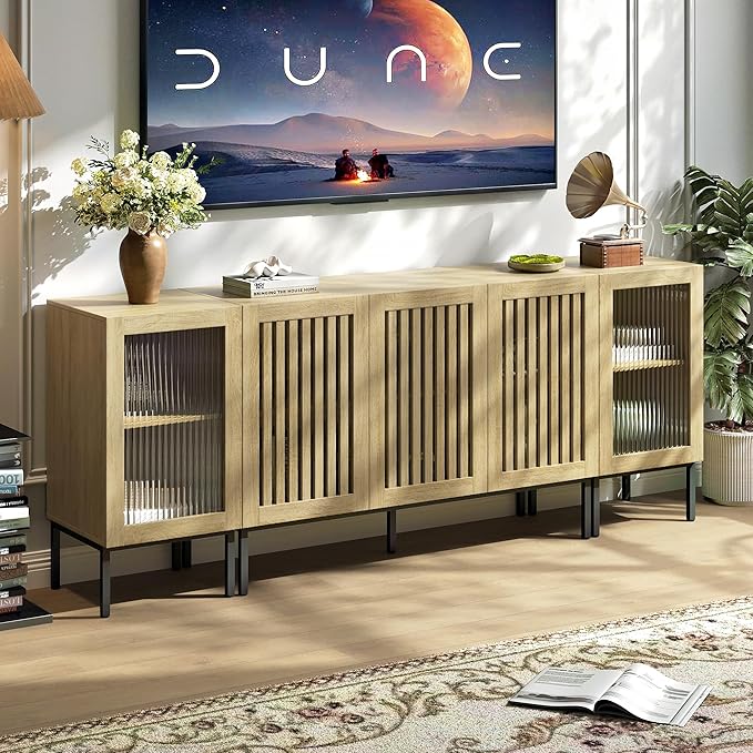 Farmhouse TV Stand for TVs up to 85 Inch, Entertainment Center TV Console with Storage Cabinets and Glass Doors, Media Console for Living Room,Oak