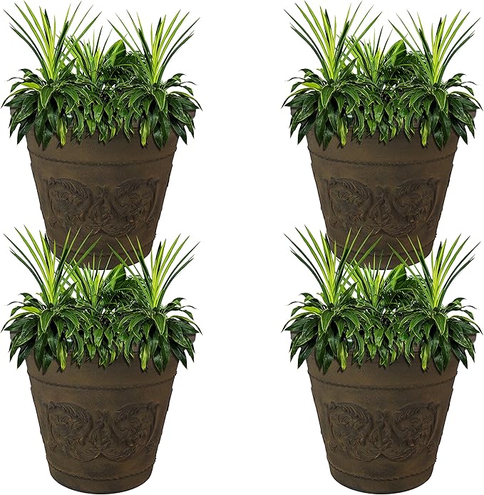 Sunnydaze 19.5-Inch Arabella Large Plant Pot - Polyresin Round Outdoor Planter with Drillable Drainage Holes - 4 Pack - Sable